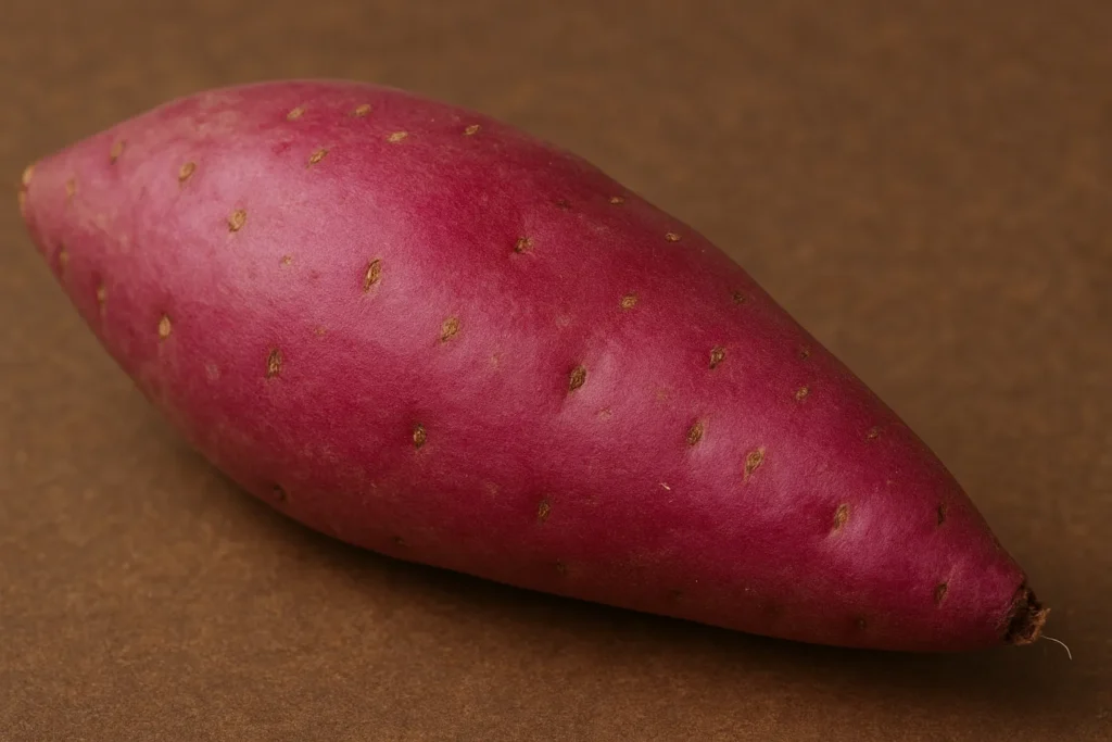さつまいもダイエット 木のテーブルに乗った生のさつまいも